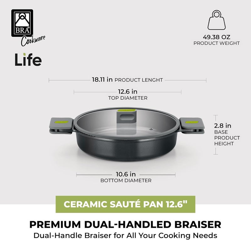 BRA COOKWARE Life Ceramic Nonstick Sauté Pan w/Glass Lid | 12.6 Inch 4.79 Quart Recycled Aluminum Deep Pan | Dual-Handle Braiser | Ceramic Non-Stick Coating | PFOA Free | All Cooktops & Oven Safe - Image 3